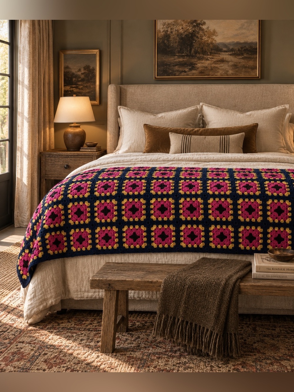 Handmade Crochet Granny Square Blanket | Bold Pink Yellow Blue | 78” x 78”